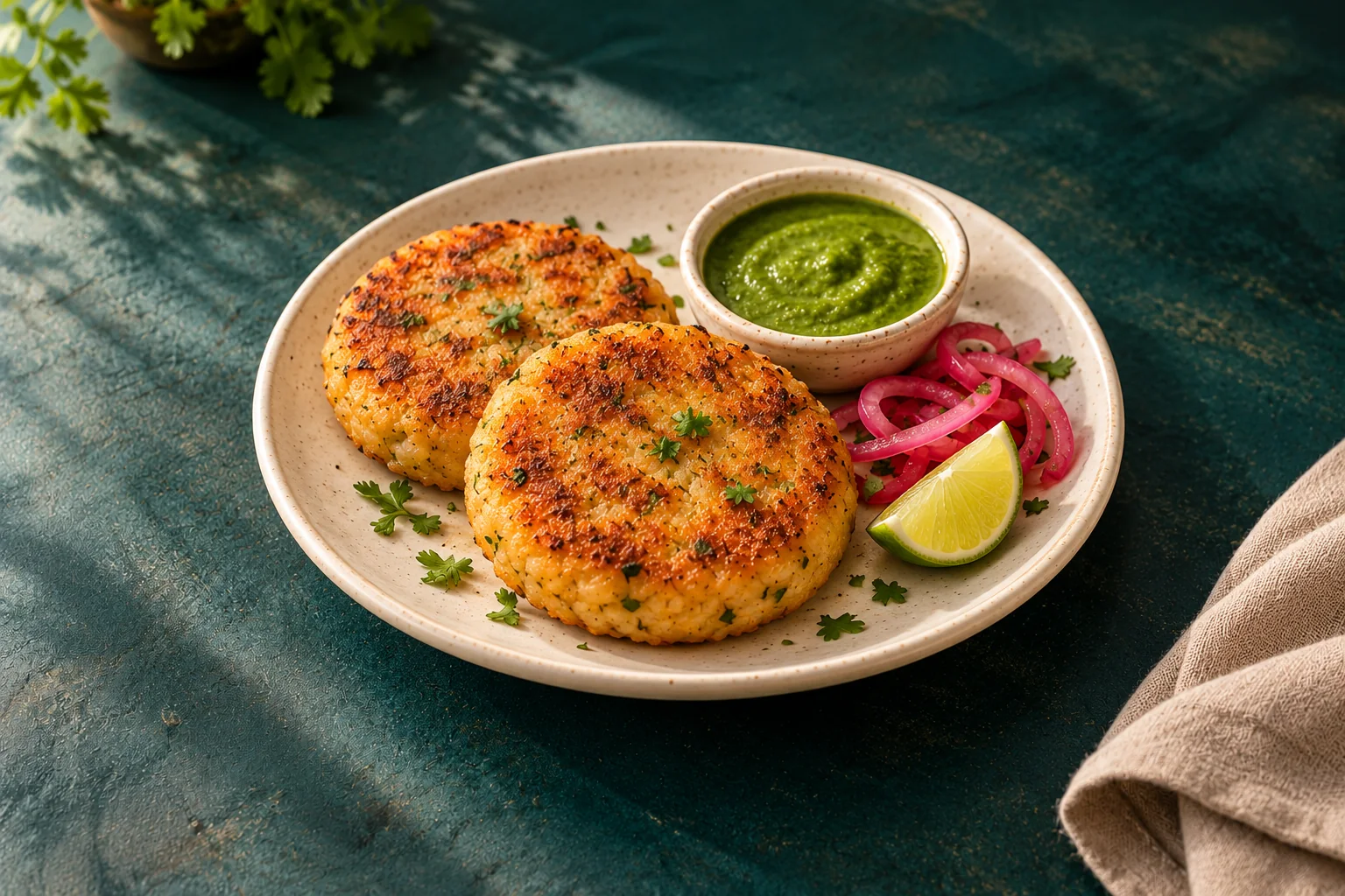 AI-created serving illustration: a small plate of Crispy Aloo Tikki with a dip and accompaniments.